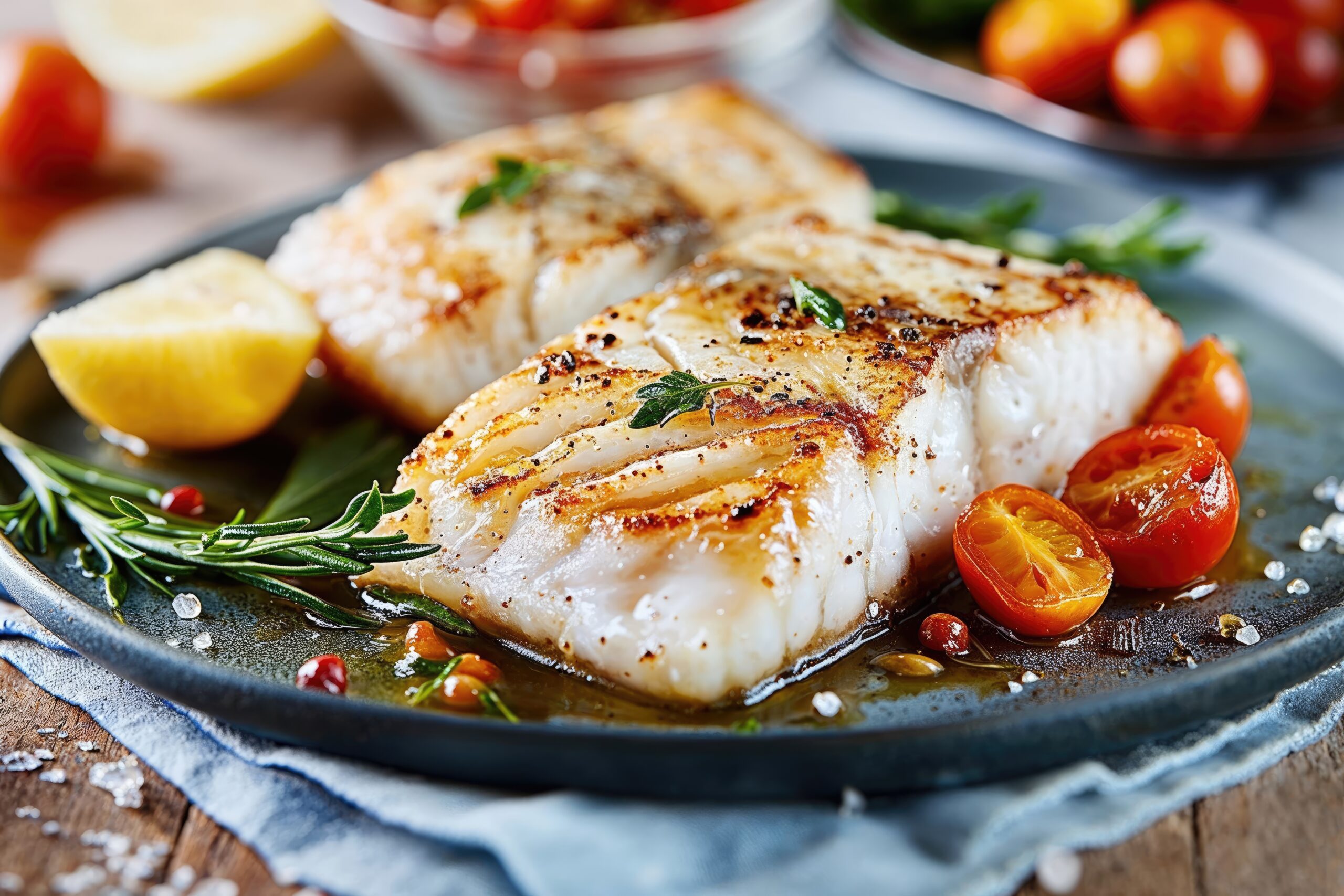 Pan-seared cod fillet, with a golden crust and tender, flaky interior. The fish is paired with a silky roasted garlic and celeriac purée, roasted fennel and sauce veirge greens.